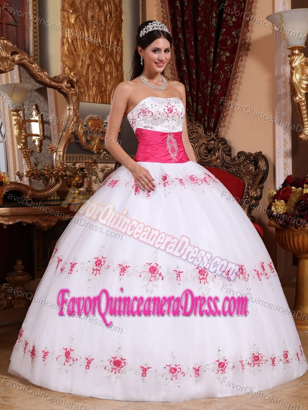Best Seller Strapless White Taffeta Tulle Quinceanera Dresses with Appliques