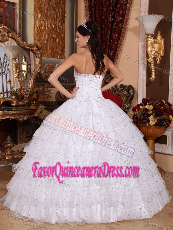 Best Sweetheart White Layered Taffeta and Organza Dress for Quince with Paillettes
