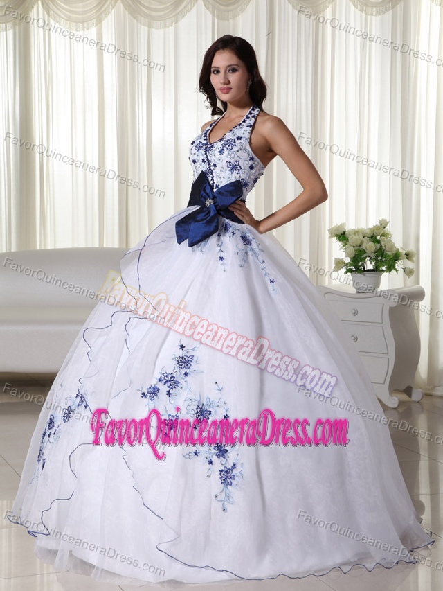 Halter White Floor-length Organza Quinceanera Dress with Appliques and Blue Bow