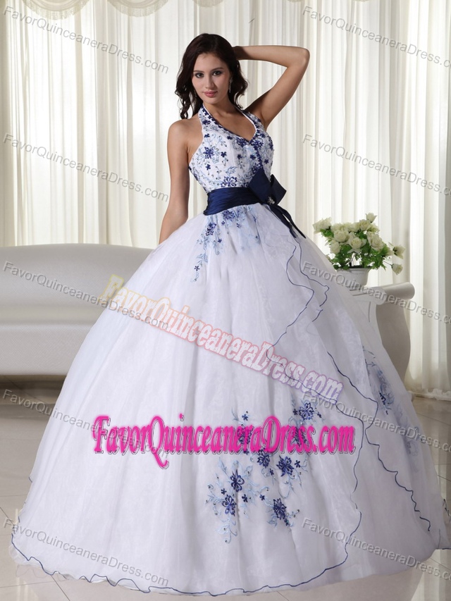 Halter White Floor-length Organza Quinceanera Dress with Appliques and Blue Bow