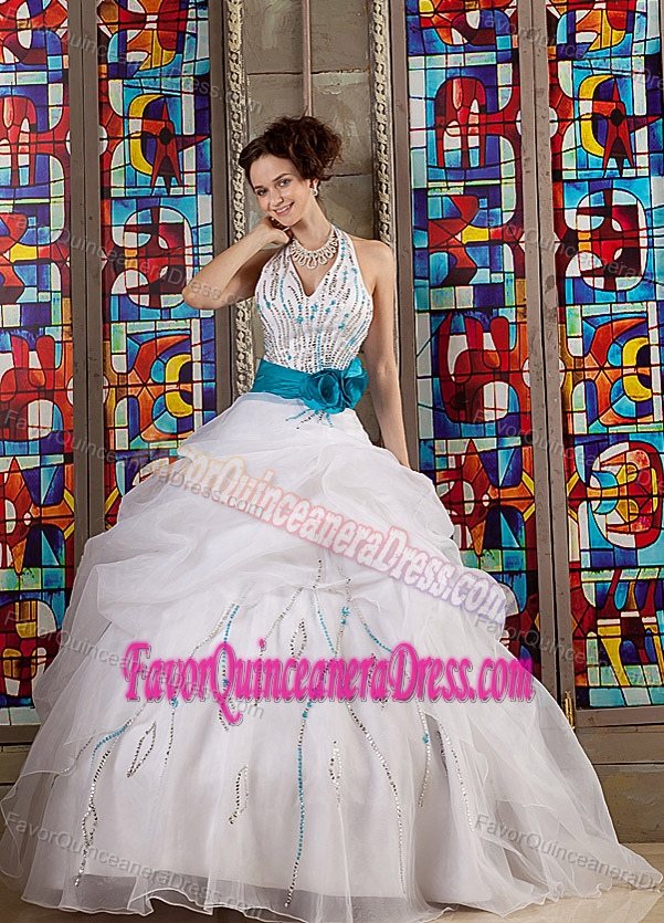 Halter Sequin White Organza Quinceanera Dresses with Pick-ups and Teal Flowers