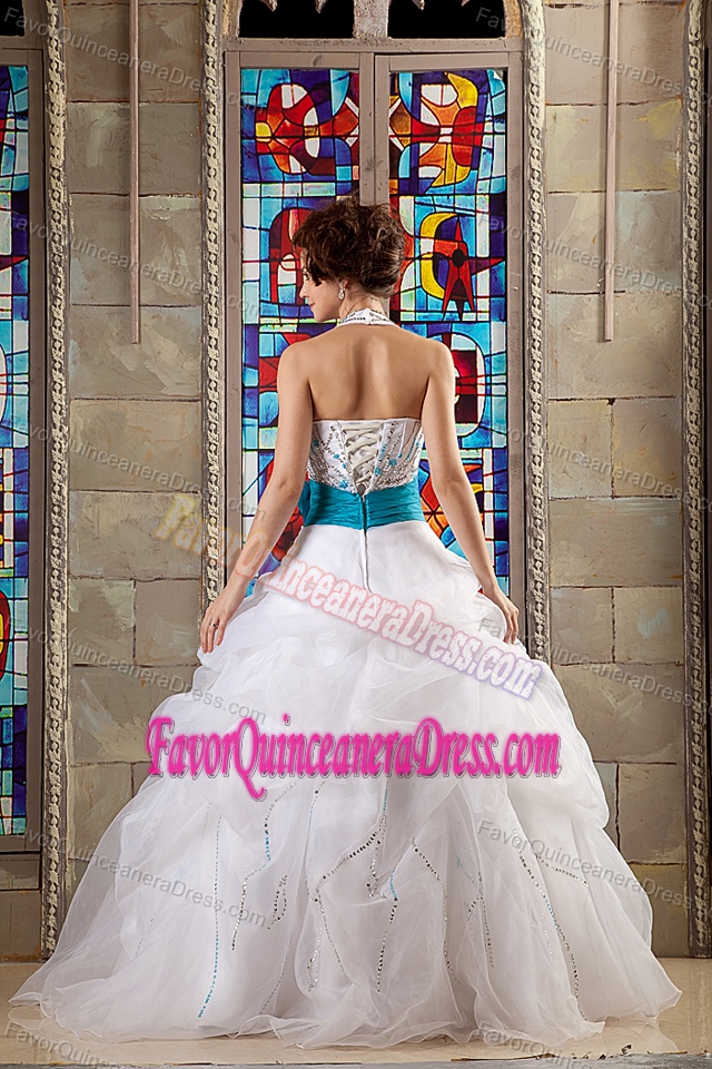 Halter Sequin White Organza Quinceanera Dresses with Pick-ups and Teal Flowers