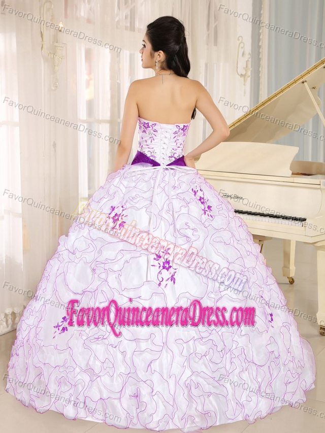 Embroidered Strapless White Organza Quinceanera Dresses with Ruffles and Sash
