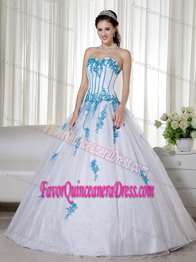 Exclusive Sweetheart White Organza Quinceanera Gown Dress with Blue Appliques