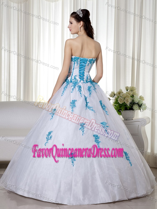 Exclusive Sweetheart White Organza Quinceanera Gown Dress with Blue Appliques