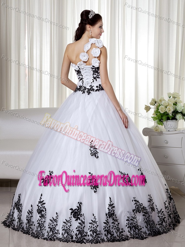One-shoulder White Floor-length Taffeta and Organza Quinceanera Dress with Flower
