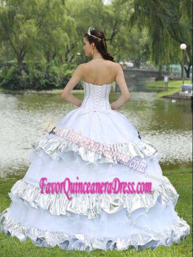 White Organza Silver Taffeta Strapless Quinceanera Dress with Layers and Appliques