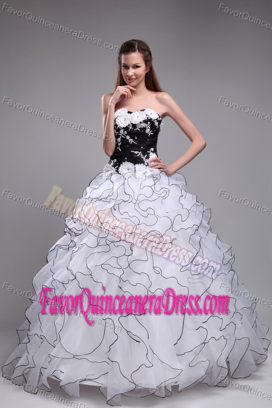 Embroidered White and Black Organza Quinceanera Dress with Ruffles and Flowers