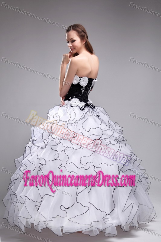 Embroidered White and Black Organza Quinceanera Dress with Ruffles and Flowers