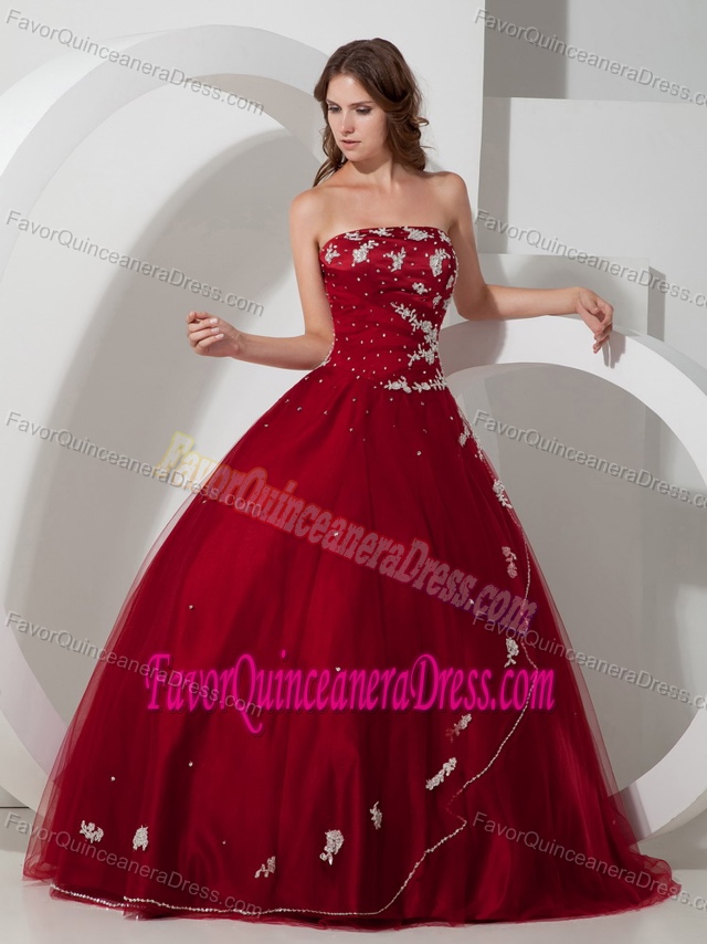 Classic Wine Red Beaded Ball Gown Strapless Quinces Dress in Satin and Tulle