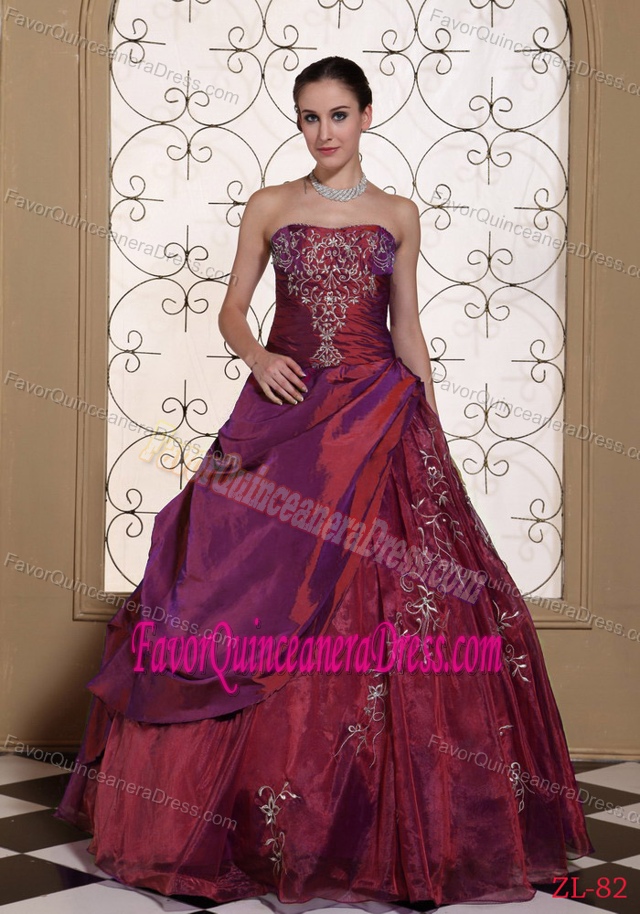 Important Embroidery Strapless Layered Wine Red Dresses for Quinceaneras