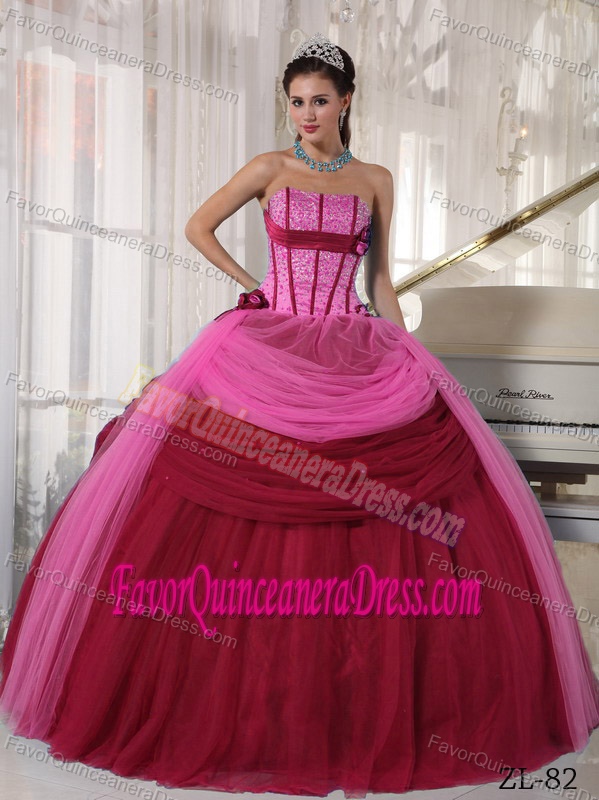 Trendy Flowers Strapless Beading Tulle Wine Red and Pink Dresses for Quince