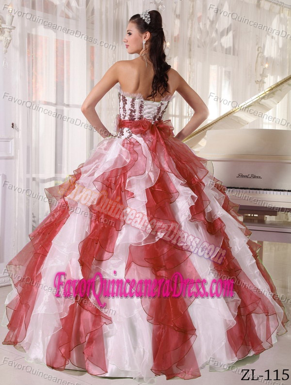 Newest Ruffled Strapless Handmade Flowers Wine Red Organza Quince Dress