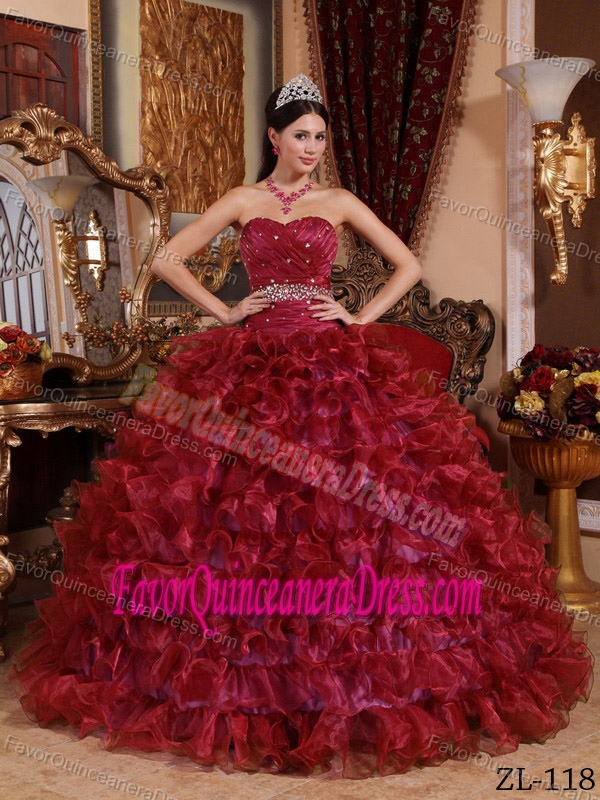 Popular Sweetheart Beading Ruffled Organza Wine Red Quinceaneras Gowns