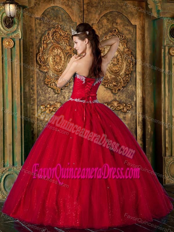 Tulle Beading Appliques Sweetheart Lace-up Back Quinces Dress in Wine Red