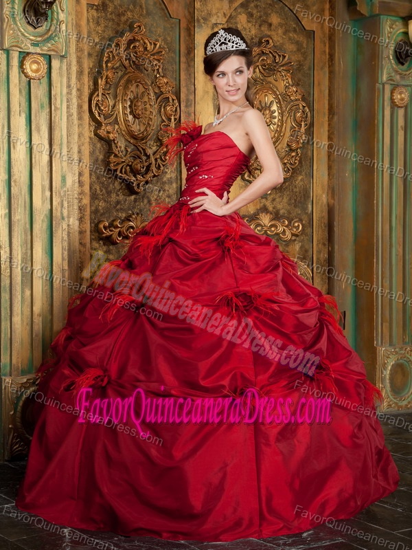 Hand Made Flowers Strapless Pick Ups Dashing Wine Red Dresses for Quince