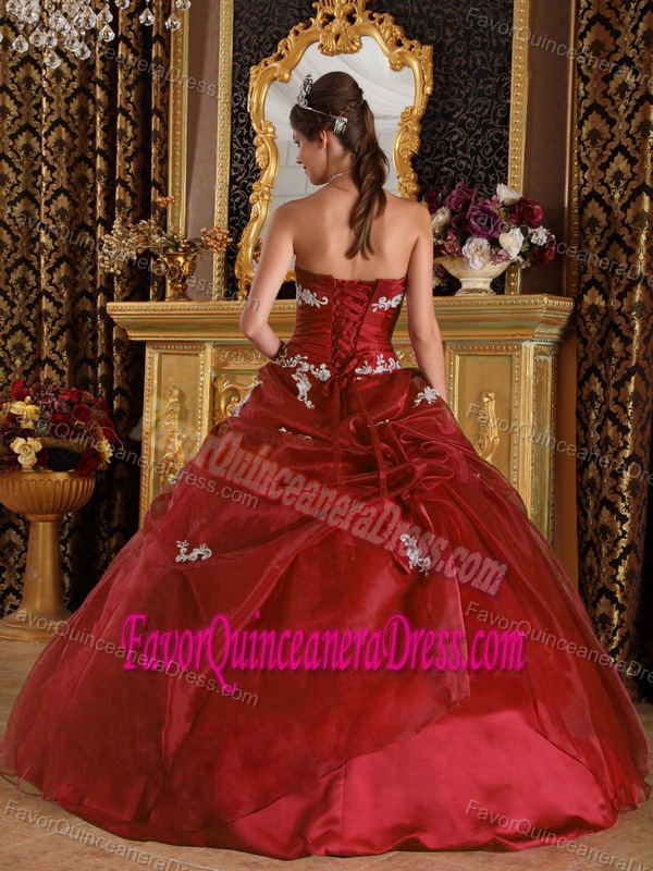 Delish Wine Red Strapless Appliques Organza Wine Red Layers Sweet 16 Dress