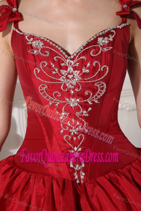 Uptown Wine Red Straps Bowknot Embroidery Taffeta Pick Up Quince Dresses