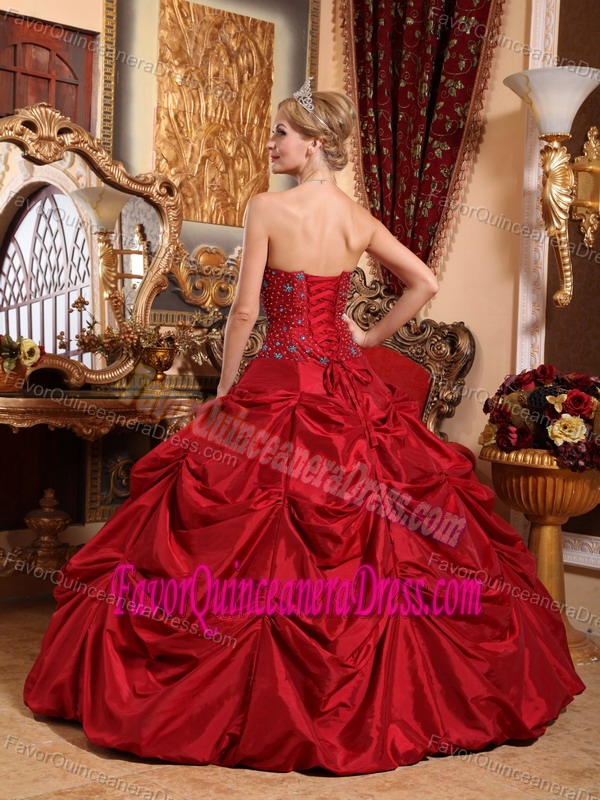 Upscale Strapless Beads Pick Ups Wine Red Sweet Sixteen Quinceanera Dress
