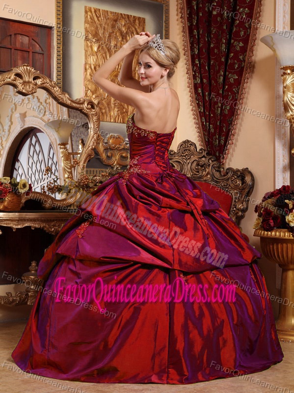 Taffeta Strapless Beading Applique Pick Up Wine Red Swell Quinceanera Gown