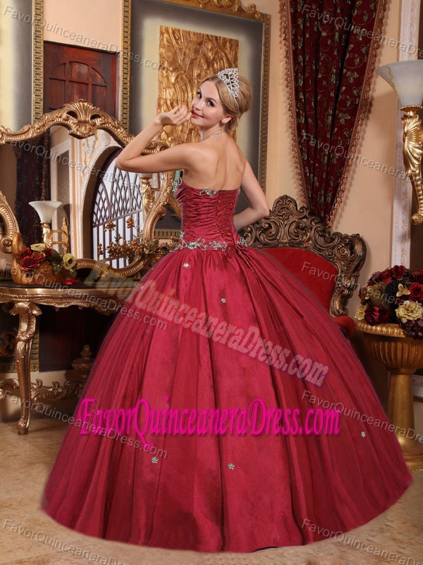Swank Appliques Strapless Taffeta and Tulle Quinceanera Dresses in Wine Red