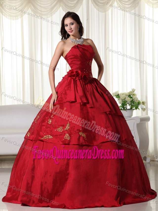Desirable Hand Made Flowers Layered Wine Red Strapless Quinceanera Gowns