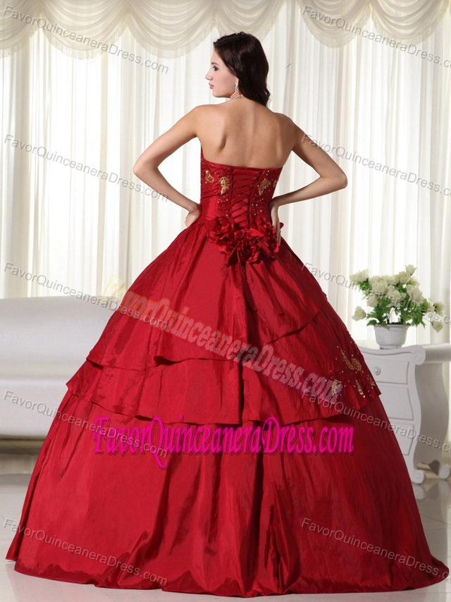Desirable Hand Made Flowers Layered Wine Red Strapless Quinceanera Gowns