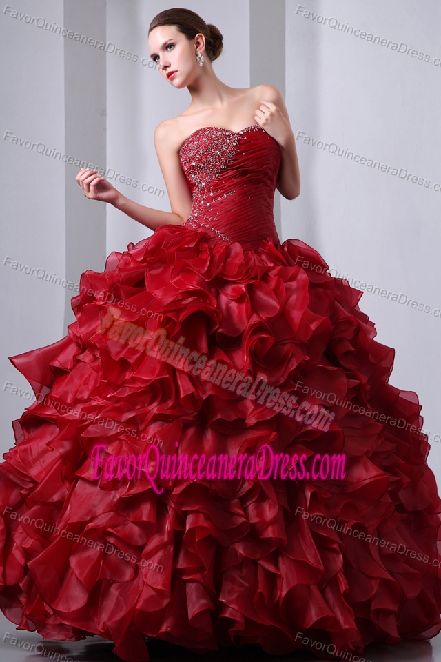 Showy Sweetheart Beading Ruffled Organza Wine Red Dress for Quinceanera