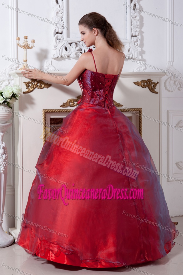 One Shoulder Handmade Flowers Wine Red A-line Quinceanera Gown Dresses