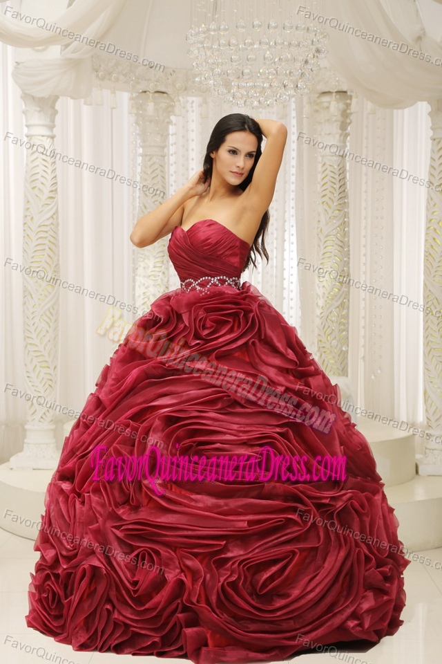 Rakish Rolling Flowers Sweetheart Beading Wine Red Organza Quince Dresses