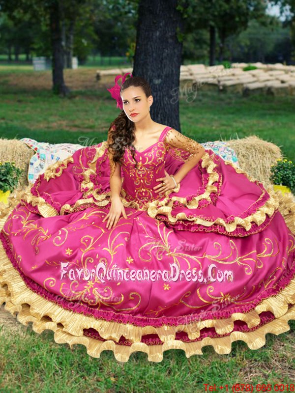  Off the Shoulder Beading and Embroidery Quinceanera Dress Fuchsia Lace Up Sleeveless Floor Length