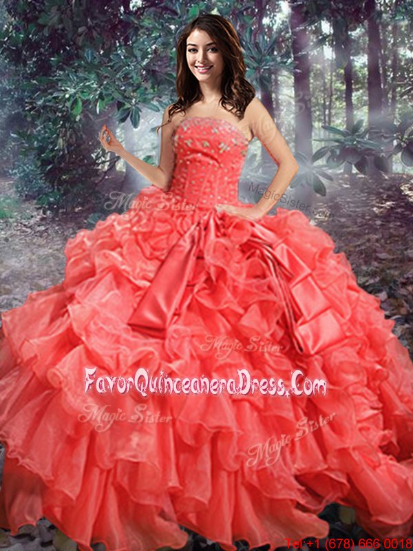Cute Coral Red Organza Lace Up Quinceanera Dress Sleeveless Floor Length Beading and Ruffles