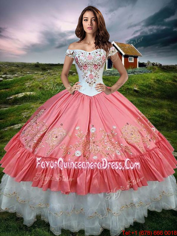  Ruffled Off The Shoulder Sleeveless Lace Up 15th Birthday Dress Watermelon Red Organza and Taffeta