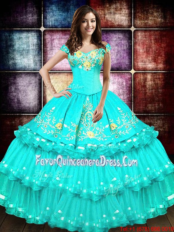 Pretty Off the Shoulder Turquoise Ball Gowns Embroidery and Ruffled Layers Ball Gown Prom Dress Lace Up Organza Sleeveless Floor Length