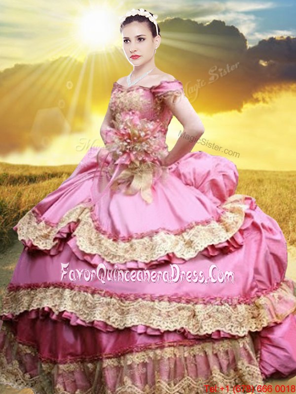 Fine Rose Pink Lace Up Off The Shoulder Lace and Appliques and Pick Ups Sweet 16 Quinceanera Dress Taffeta Sleeveless