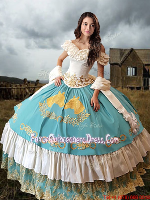 Spectacular Off the Shoulder Blue And White Ball Gowns Lace and Embroidery and Ruffled Layers Sweet 16 Dress Lace Up Taffeta Short Sleeves Floor Length