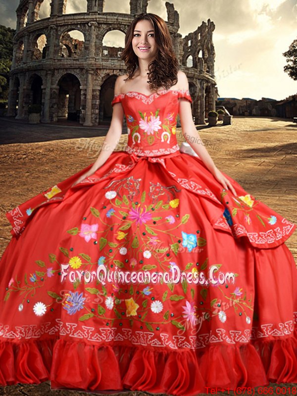  Taffeta Off The Shoulder Sleeveless Lace Up Embroidery and Bowknot Sweet 16 Dress in Red