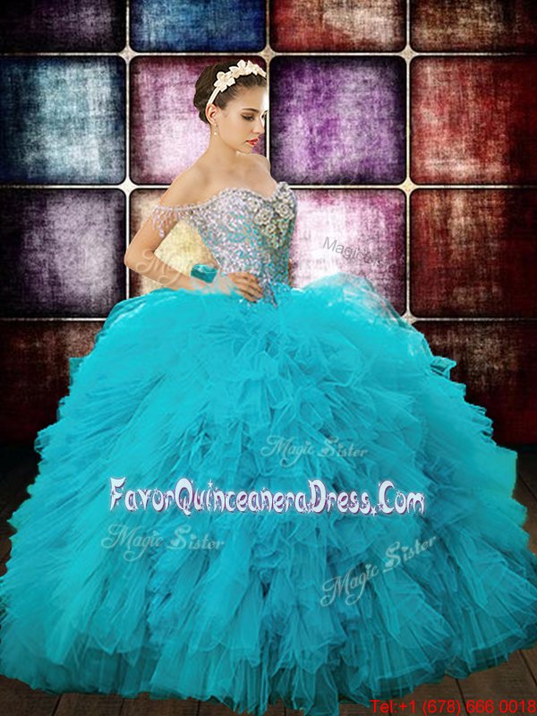 Charming Off the Shoulder Floor Length Zipper Quince Ball Gowns Aqua Blue and In for Military Ball and Sweet 16 and Quinceanera with Beading and Ruffles and Sequins