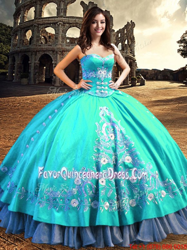  Embroidery Ball Gowns Quinceanera Dresses Aqua Blue Sweetheart Taffeta Sleeveless Floor Length Lace Up