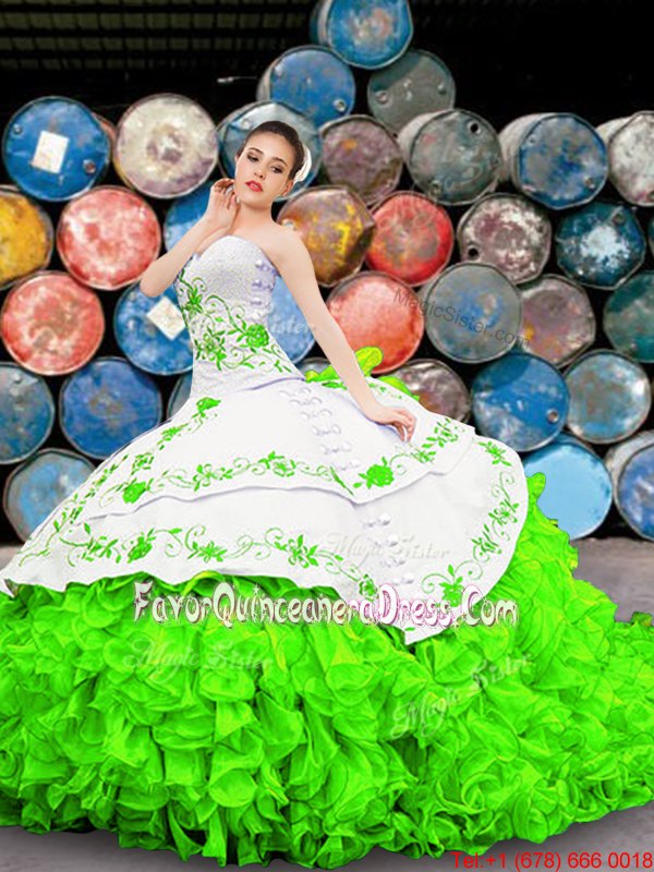  Sleeveless Lace Up Floor Length Appliques and Embroidery and Ruffles Quinceanera Gowns