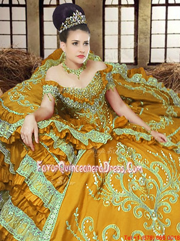 Artistic Off The Shoulder Sleeveless Quinceanera Dress Floor Length Embroidery Gold Satin