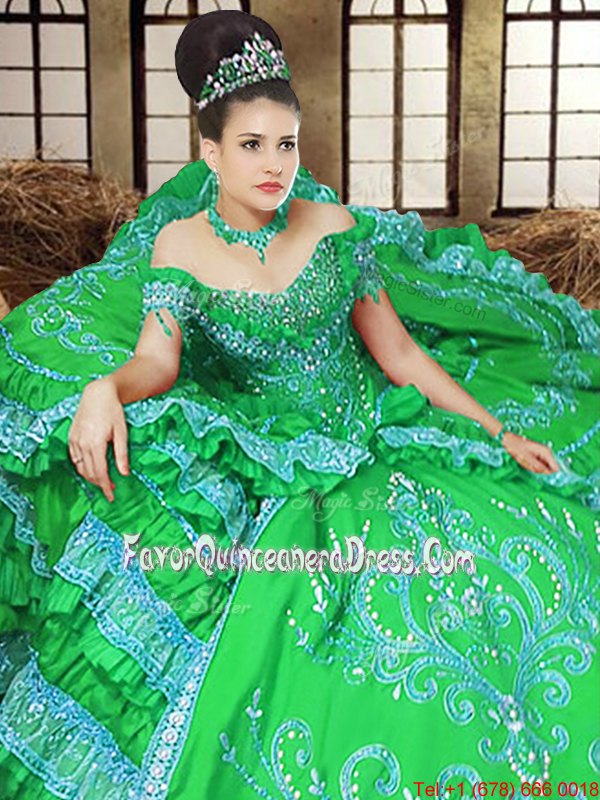 Stylish Off The Shoulder Sleeveless 15 Quinceanera Dress Floor Length Embroidery Satin