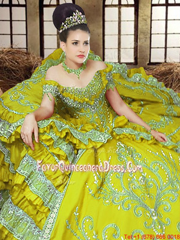 Trendy Light Yellow Ball Gowns Satin Off The Shoulder Sleeveless Embroidery Floor Length Lace Up Sweet 16 Dress