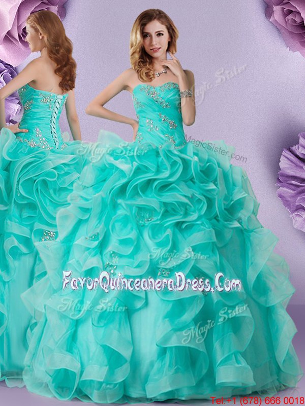 Inexpensive Sleeveless Organza Floor Length Lace Up Sweet 16 Dress in Aqua Blue for with Beading and Ruffles