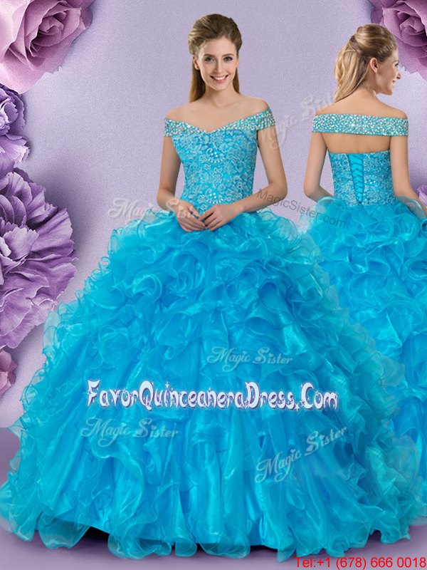 Stylish Off the Shoulder Baby Blue Sleeveless Organza Lace Up Quince Ball Gowns for Military Ball and Sweet 16 and Quinceanera