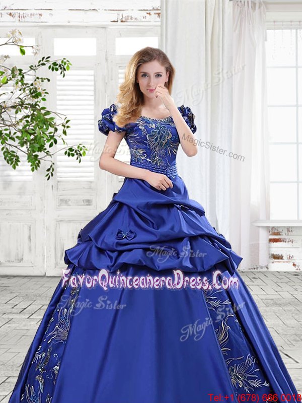 Discount Off The Shoulder Cap Sleeves Taffeta Quinceanera Dresses Appliques and Pick Ups and Bowknot Lace Up
