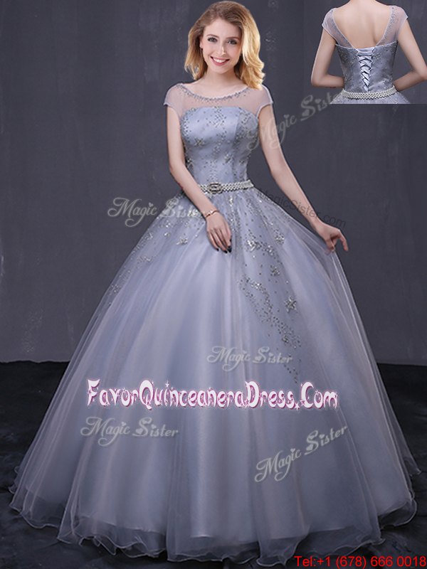 Customized Scoop Cap Sleeves Tulle Floor Length Lace Up Quinceanera Dresses in Grey for with Beading and Belt