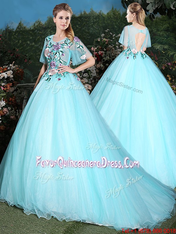  Aqua Blue Quinceanera Dresses Military Ball and Sweet 16 and Quinceanera and For with Appliques Scoop Half Sleeves Brush Train Lace Up