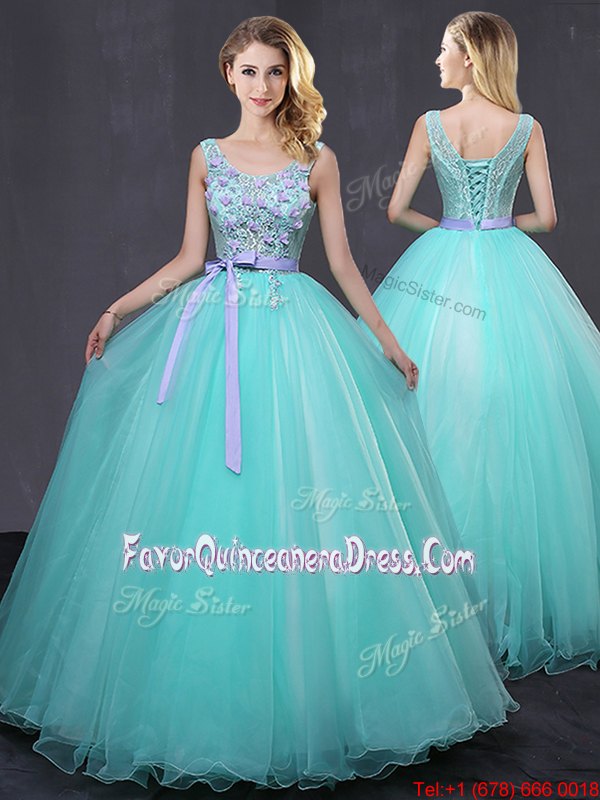 Extravagant Tulle Scoop Sleeveless Lace Up Appliques and Belt 15th Birthday Dress in Aqua Blue