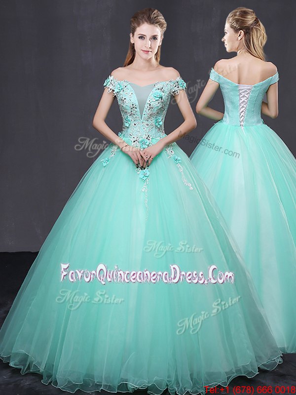 Vintage Ball Gowns Quinceanera Gown Apple Green Off The Shoulder Tulle Sleeveless Floor Length Lace Up